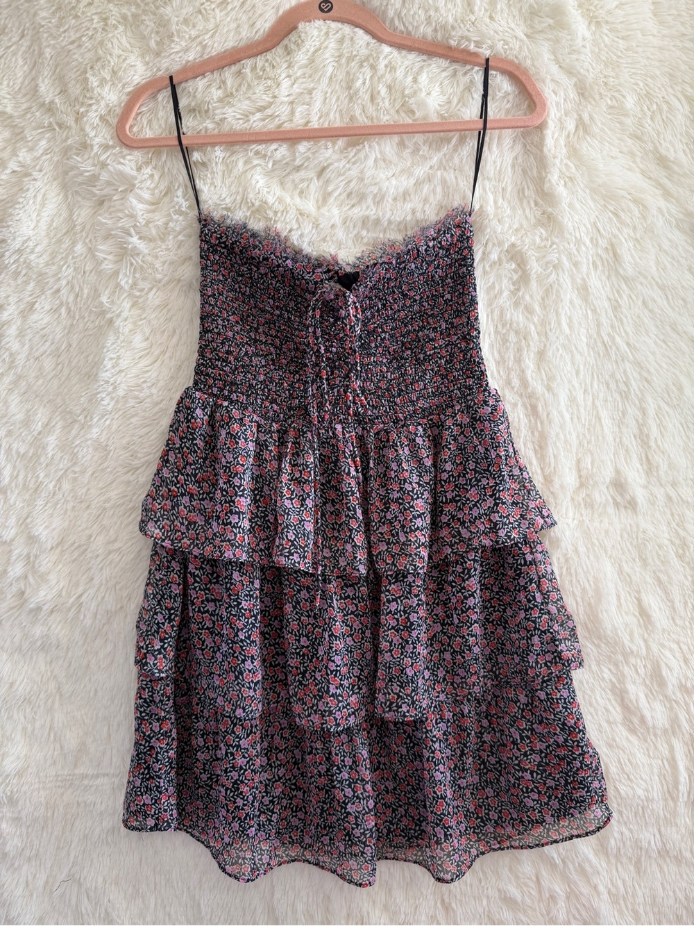 American Eagle Womens Floral Strapless Mini Sundress Size S Navy Smocked Tiered